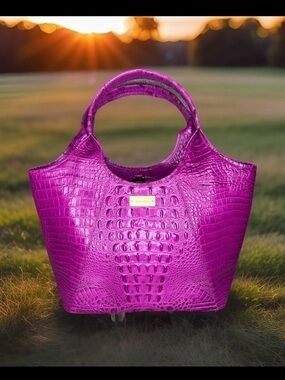 Brahmin fuchsia pink croc embossed leather double handle tote satchel authentic